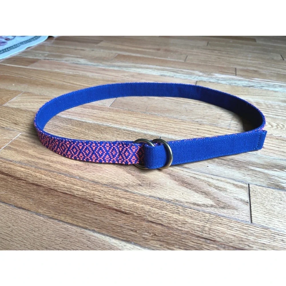 J.Crew Blue Orange Geometric Woven D-Ring Canvas Belt Made in USA M/L